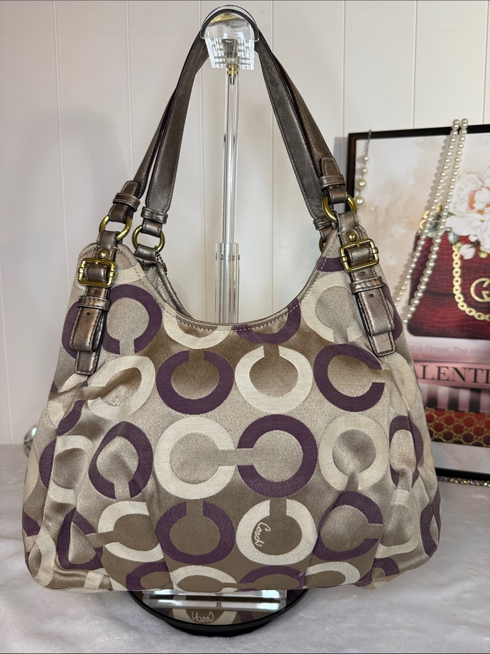 Coach Op Art Glam C1276-19844 Purple Satin Lined Metallic Bronze Shoulder Bag - Picture 2 of 12